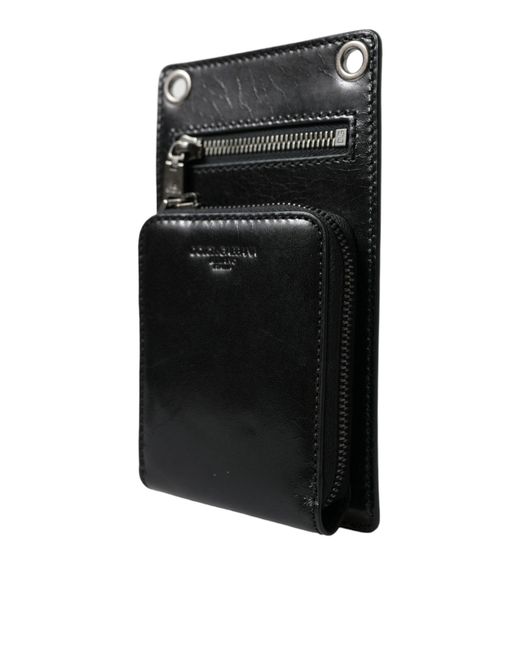 Dolce & Gabbana Black Calf Leather Zip Logo Shoulder Neck Strap Wallet for men