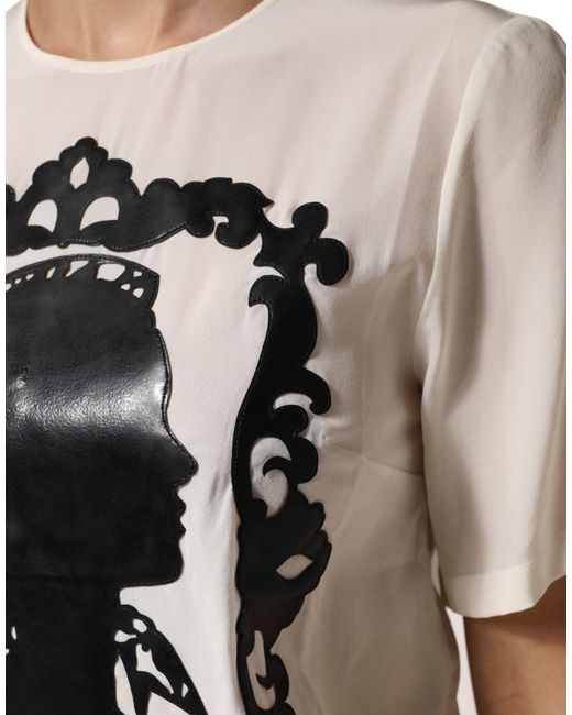 Dolce & Gabbana White Silk Silhouette Detail Short Sleeve Top