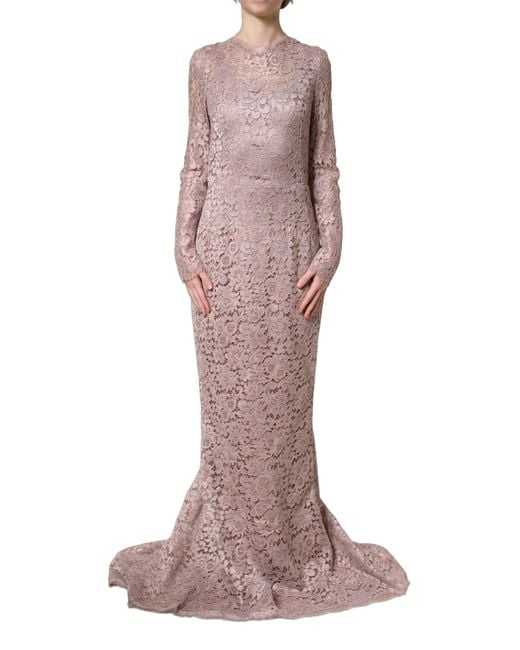 Dolce & Gabbana Brown Pink Lace Long Sleeves Evening Gown Dress