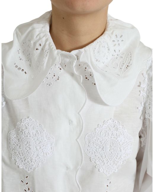 Dolce & Gabbana Gray White Cotton Lace Trim Collared Blouse Top