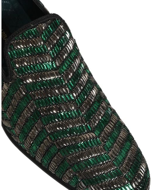 Dolce & Gabbana Silver Green Embellished Dress Loafers Shoes for men