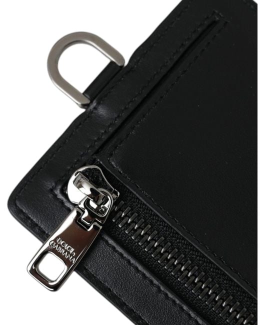 Dolce & Gabbana Black Calf Leather Lanyard Logo Card Holder Wallet for men