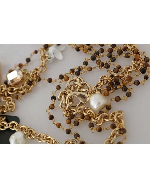 Dolce & Gabbana Black Brass Crystal Floral Statement Charms Necklace