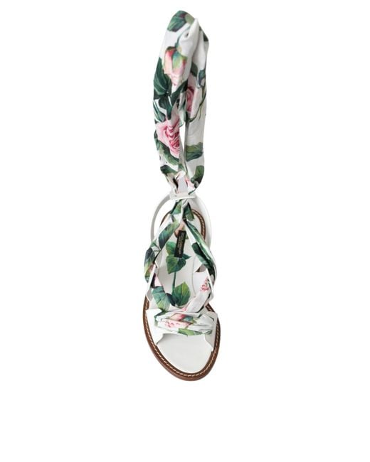 Dolce & Gabbana White Floral Print Ankle Wrap Sandals Shoes