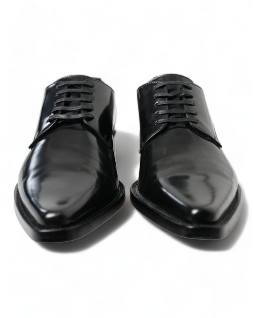 Dolce & Gabbana Black Leather Lace Up Formal Flats Shoes