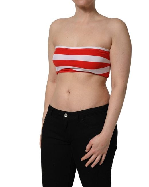 Dolce & Gabbana White Red Nylon Striped Ribbed Tube Crop Top