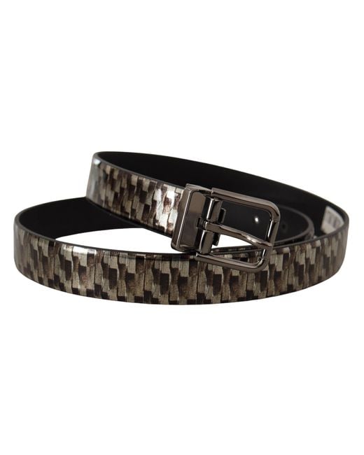 Dolce & Gabbana Black Herringbone Leather Gray Belt