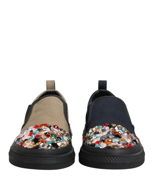 Dolce & Gabbana Black Blue Canvas Embellished Slip On Men Sneakers Shoes for men