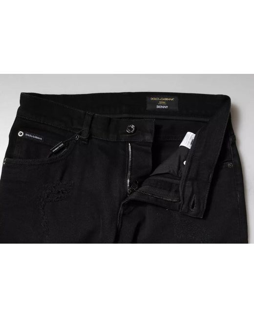 Dolce & Gabbana Black Cotton Tattered Skinny Denim Logo Jeans for men