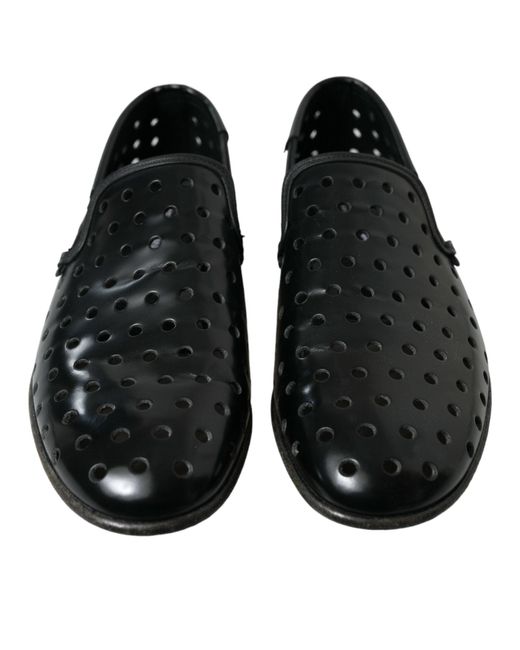 Dolce & Gabbana Black Leather Perforated Loafers Shoes for men