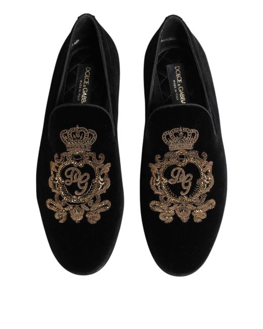 Dolce & Gabbana Black Velvet Gold Crown Mens Loafers Shoes for men