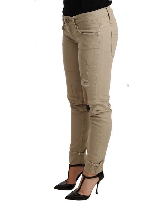 Acht Natural Beige Denim Cotton Bottom Slim Fit Folded Pant