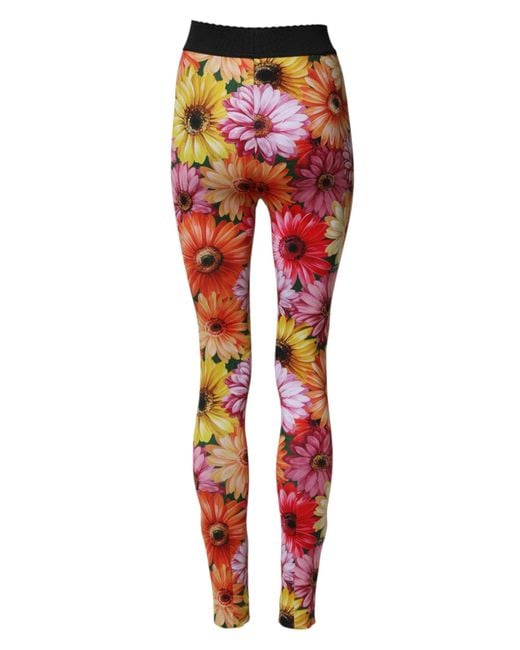 Dolce & Gabbana Red Floral Leggings Stretchwaist Pants Elastane+Polyamid+Polyester