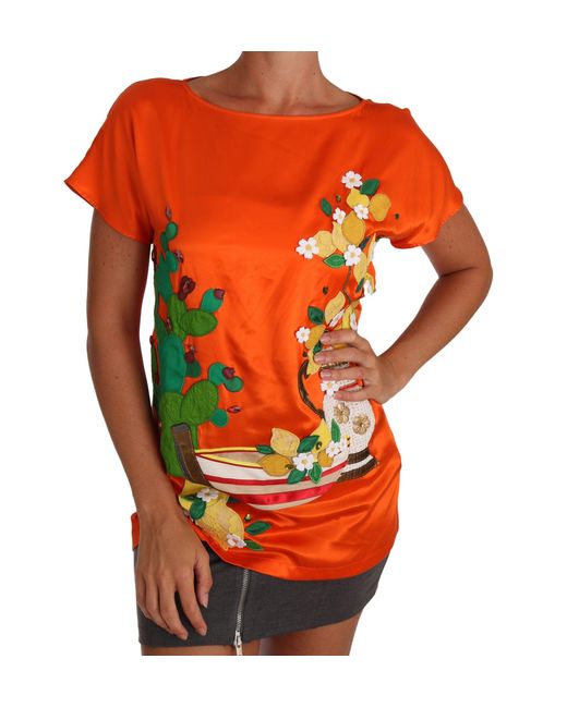 Dolce & Gabbana Silk Orange Lemon Crystal T-shirt Top