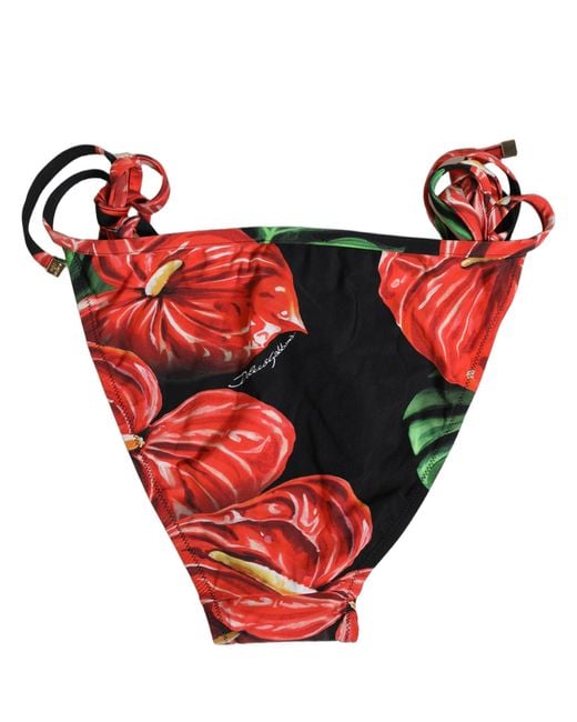 Dolce & Gabbana Red Black Floral Print Nylon Beachwear Bikini Bottom