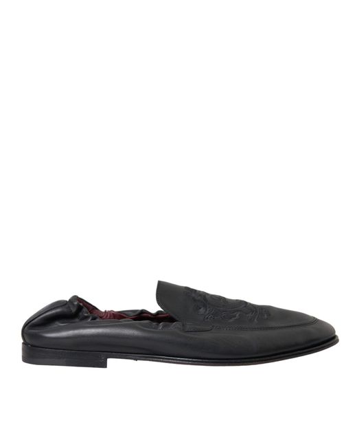 Dolce & Gabbana Black Logo Embroidered Leather Loafer Dress Shoes for men