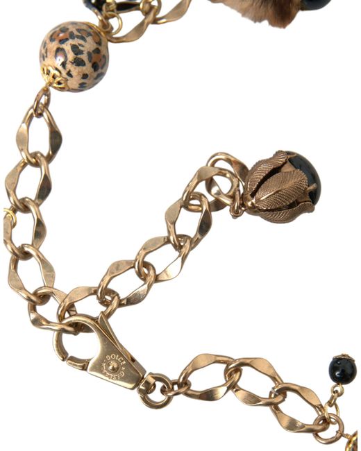 Dolce & Gabbana Metallic Gold Brass Leopard Fur Pearl Collier Chain Belt