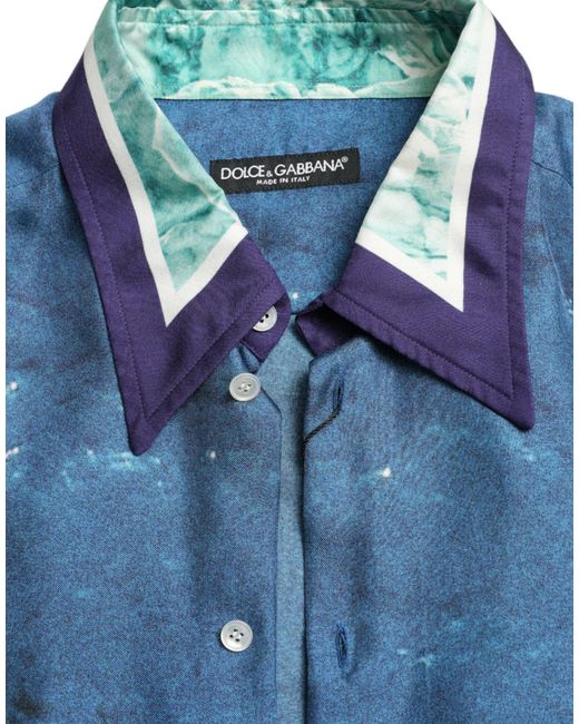 Dolce & Gabbana Blue Ocean Print Silk Collared Button Down Shirt for men