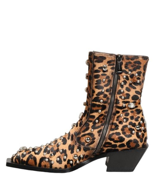 Dolce & Gabbana Brown Leopard Embellished Mid Calf Men Boots Shoes for men