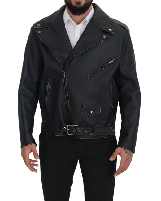 Dolce & Gabbana Black Elegant Leather Biker Jacket for men