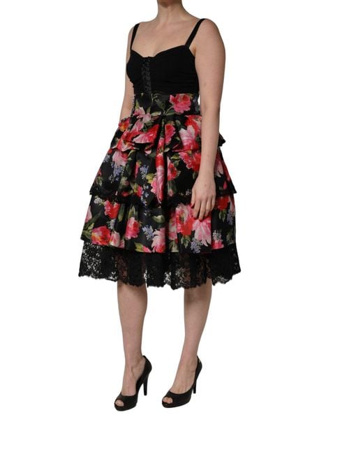 Dolce & Gabbana Black Sleeveless Bustier Floral Print Tiered Dress
