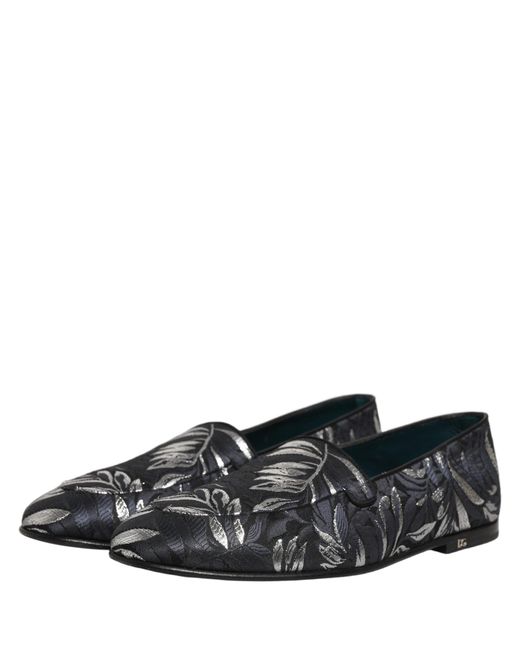 Dolce & Gabbana Black Leaf Embroidery Dress Men Loafers Shoes for men