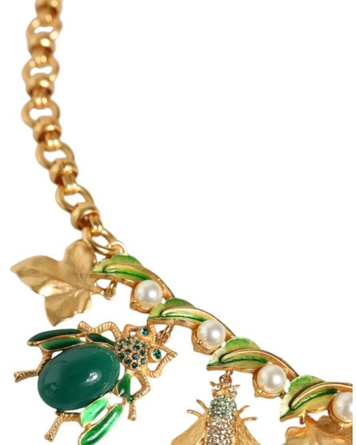 Dolce & Gabbana Metallic Gold Brass Crystal Bug Charm Pendant Statement Necklace