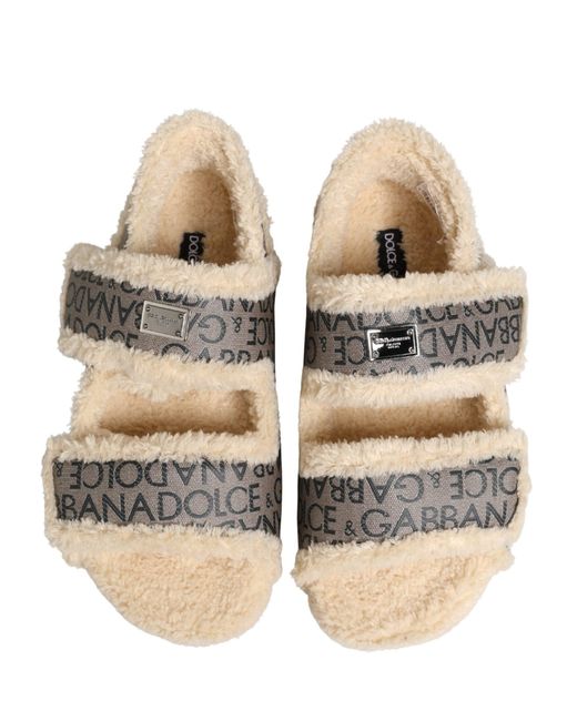 Dolce & Gabbana Natural Beige Faux Fur Logo Print Flats Sandals Shoes for men