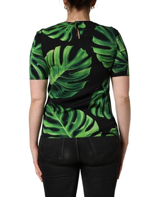 Dolce & Gabbana Green Philodendron Print Silk Blouse Top And Elastane