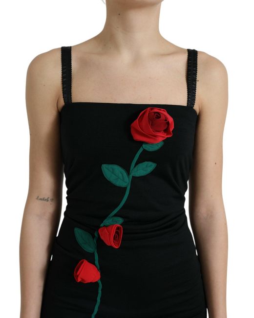 Dolce & Gabbana Black Roses Wool Sheath Bodycon Midi Dress