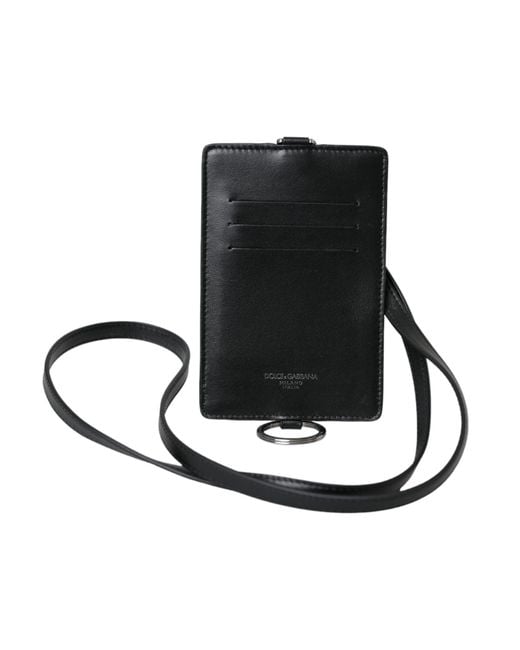Dolce & Gabbana Black Calf Leather Lanyard Logo Card Holder Wallet for men