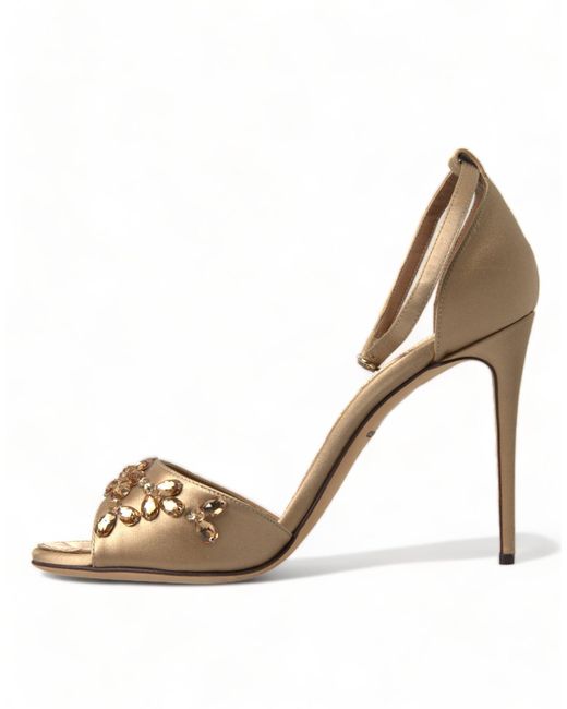 Dolce & Gabbana Metallic Gold Satin Ankle Strap Crystal Sandals Shoes