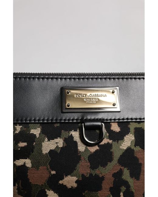 Dolce & Gabbana Black Multicolor Leopard Jacquard Print Logo Plaque Pouch Bag for men
