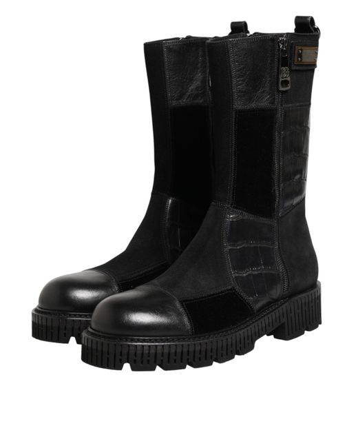 Dolce & Gabbana Black Patchwork Leather Mid Calf Boot Shoes for men