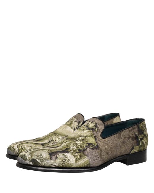 Dolce & Gabbana Gray Brown Baroque Print Slip On Loafers Shoes for men