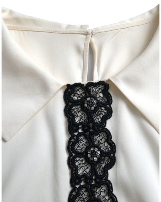 Dolce & Gabbana White Elegant Off- Lace-Trim Silk Blouse