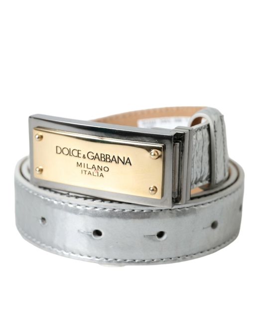 Dolce & Gabbana Gray Silver Leather Metal Logo Buckle Belt Men for men