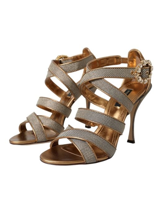 Dolce & Gabbana Metallic Bronze Crystal Strap Heels Sandals Shoes