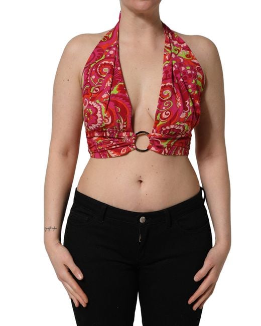 Dolce & Gabbana Red Paisley Silk Halter Neck Crop Tank Top
