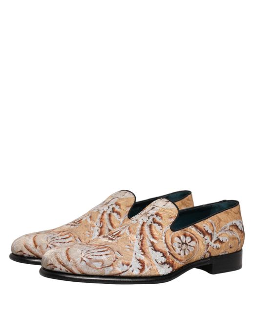 Dolce & Gabbana Brown Beige Brocade Men Slip On Dress Loafers Shoes for men