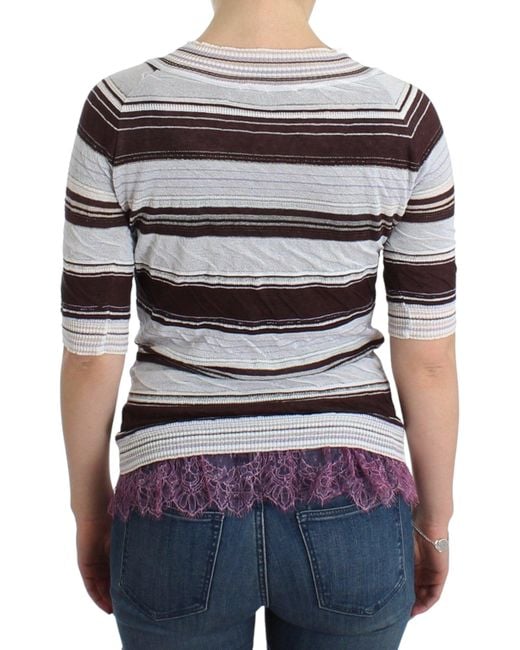 Ermanno Scervino Black Striped V-Neck Knit Top With Lace Hem