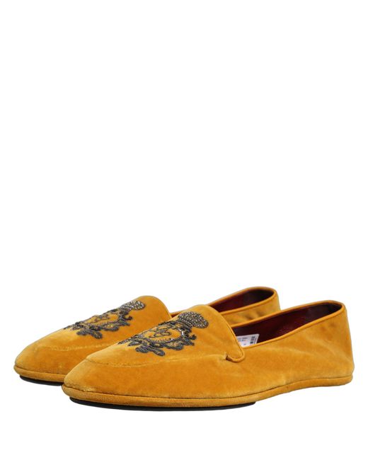Dolce & Gabbana Brown Yellow Velvet Crown Embroidery Loafers Shoes for men