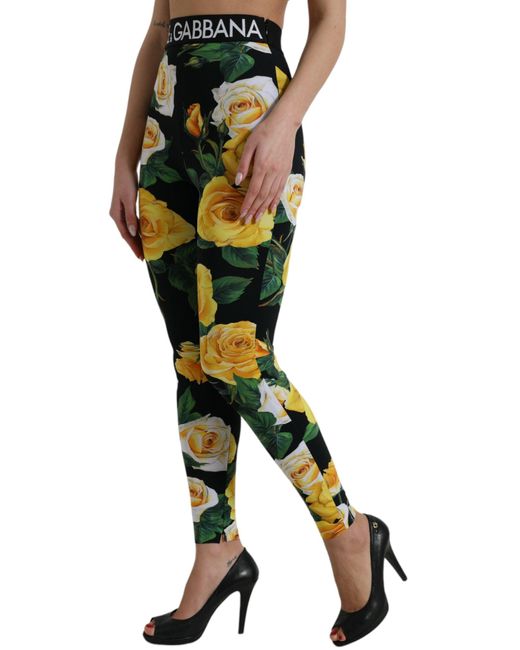 Dolce & Gabbana Green Black Floral Nylon High Waist Leggings Pants