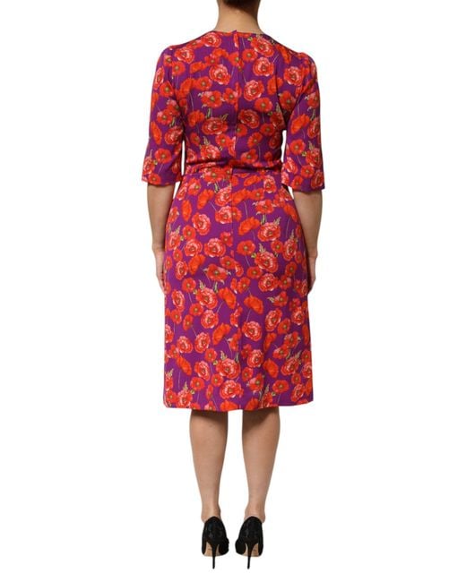 Dolce & Gabbana Red Silk Floral Print Midi Sheath Dress