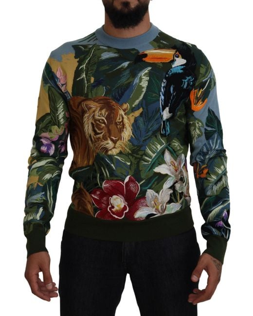 Dolce & Gabbana Black Jungle Embroidered Wool Silk Sweater for men