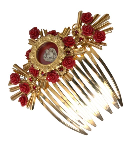 Dolce & Gabbana Brown Brass Crystal Heart Floral Hair Comb