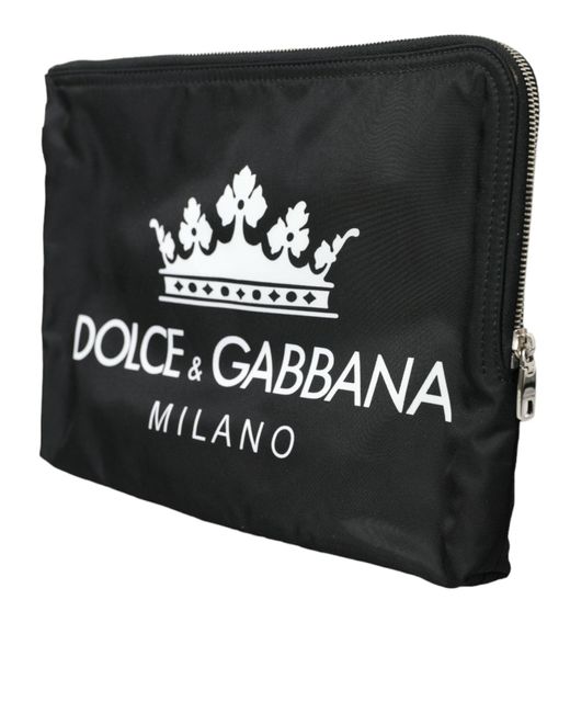 Dolce & Gabbana Black Elegant Nylon Clutch With Crown Print for men
