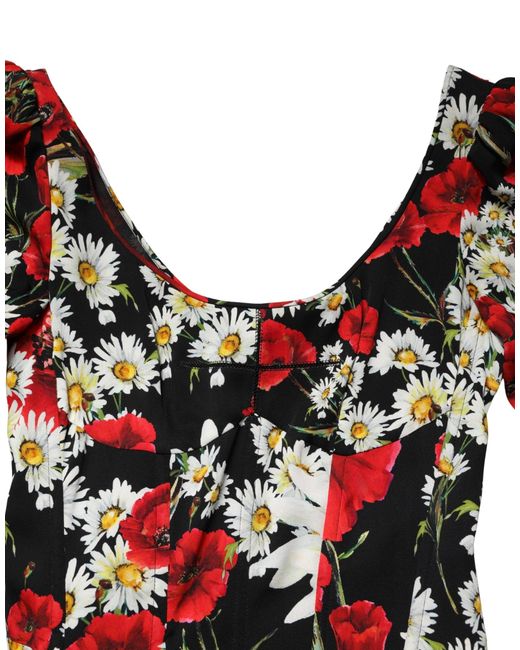 Dolce & Gabbana Red Black Floral Silk Long Sleeves Gown Dress