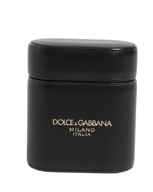 Dolce & Gabbana Black Calf Leather Logo Print Flip Holder Airpods Case