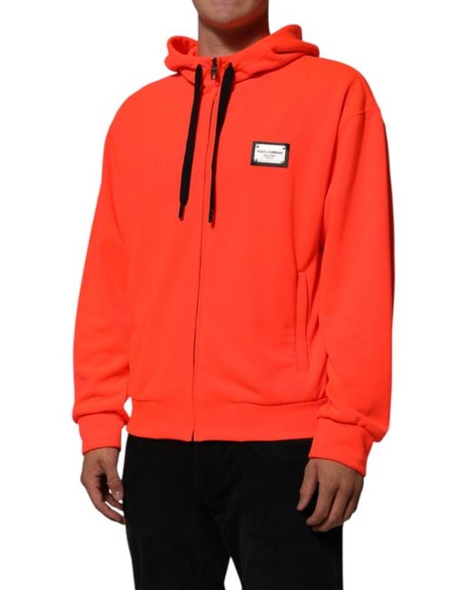 Dolce & Gabbana Red Fluorescent Polyester Logo Patch Hoodie Sweater for men